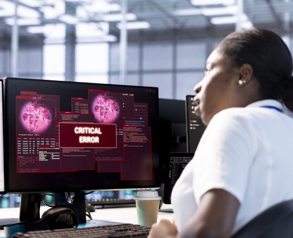 Engineer in server hub investigating breach alerts, working to protect equipment from hacker. Woman in data center employing various tools and technologies to identify and mitigate security risks